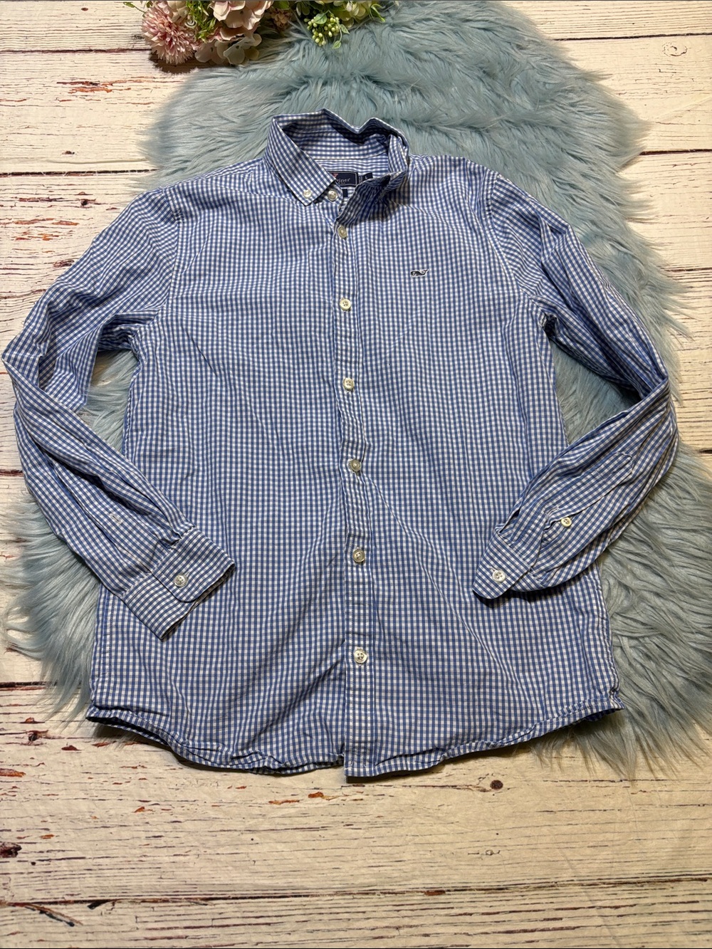 Vineyard Vines Blue and White Gingham Whale Button-Down Shirt sz L